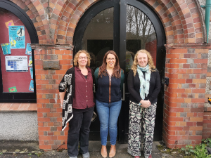Jo Lewis and Mary Griffiths with Fay Jones MP outside the Dance Centre in Arlais Road, Llandrindod Wells
