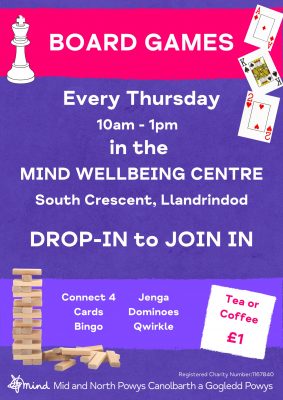 Board Games Poster - Thursdays 10am-1pm at the Wellbeing Centre, Llandrindod Wells