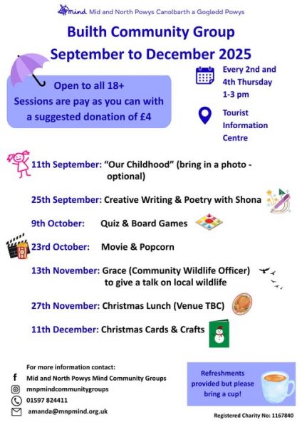 Poster for Builth Community Group programme Autumn 2025